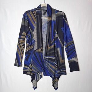Clara Sun Woo Cardigan Sz M Blue Geometric Draped Open Front Art Wear Artsy